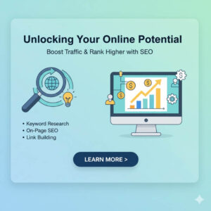 Search engine optimization (SEO) strategy illustration showing keyword research, link building, website ranking improvement, and digital marketing growth.