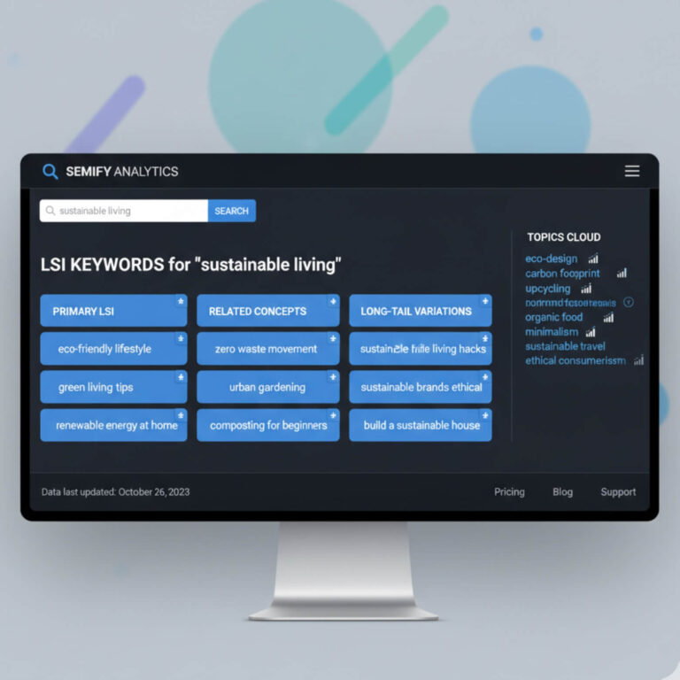 An infographic detailing "Advanced Keyword Research and Content Optimization using LSI Variations for Search Engine Optimization (SEO)." The infographic features interconnected boxes or stages showing a workflow that starts with a main keyword, branches out to LSI keywords, related concepts, and long-tail variations, and then demonstrates how these are used to create richer, more comprehensive content, ultimately leading to improved search engine rankings and user engagement. Visual elements might include magnifying glasses, a content editor icon, gears, and a search result page to represent the different stages and benefits.