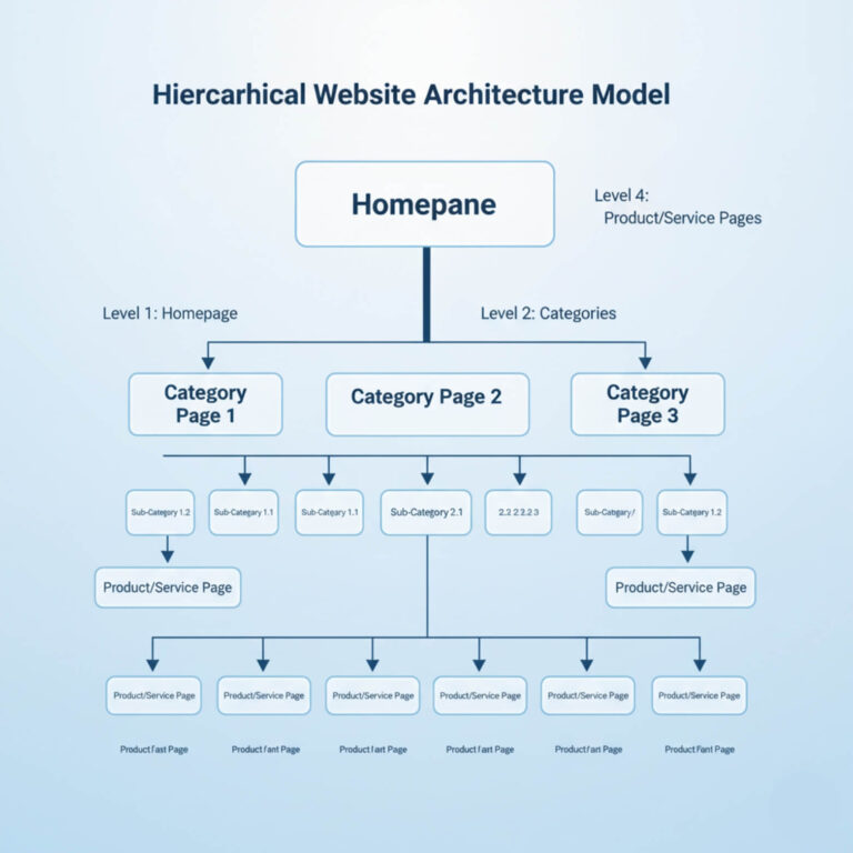 A flowchart diagram illustrating a hierarchical website architecture model. At the top is a "Homepage" box (Level 1). From the Homepage, three "Category Page" boxes (Level 2) branch down: "Category Page 1," "Category Page 2," and "Category Page 3." Underneath the category pages, various "Product/Service Page" boxes (Level 3 and Level 4) are organized, showing a clear, top-down structure with multiple levels of content organization. Arrows indicate the flow from broader categories to more specific pages.
