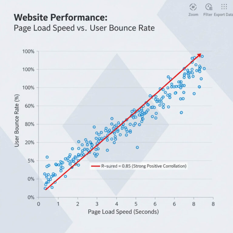 A scatter plot graph titled "Website Performance: Page Load Speed vs. User Bounce Rate." The x-axis represents Page Load Speed (Seconds) from 0 to 8, and the y-axis represents User Bounce Rate (%) from 0% to 100%. Blue circular data points show a clear upward trend, indicating that as page load speed increases, so does the bounce rate. A red trend line with an R-squared value of 0.85 (Strong Positive Correlation) further emphasizes this relationship.