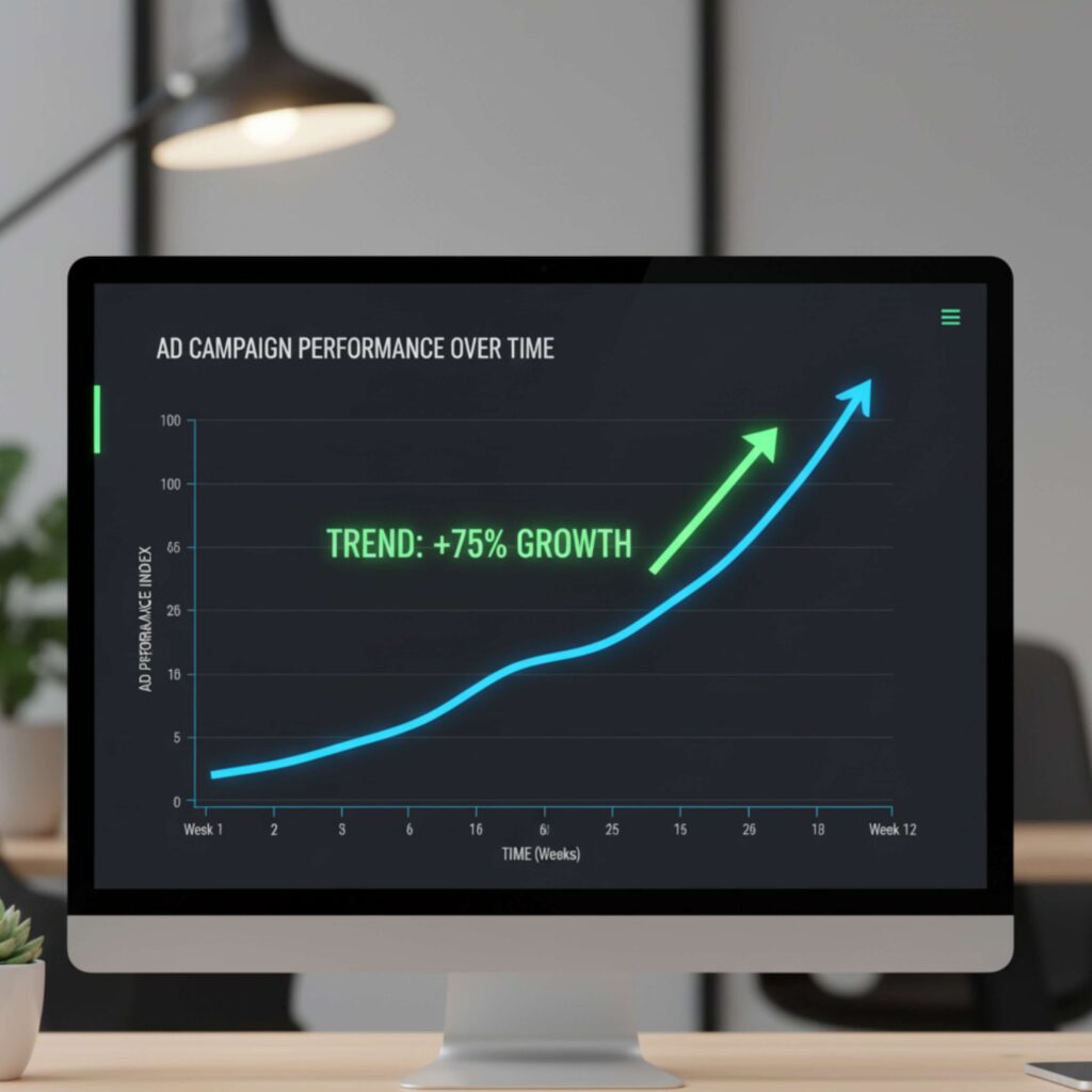A computer monitor displaying a blue line graph with an upward-curving trend and a large green arrow, labeled "TREND: +75% GROWTH," indicating increasing ad performance over weeks.