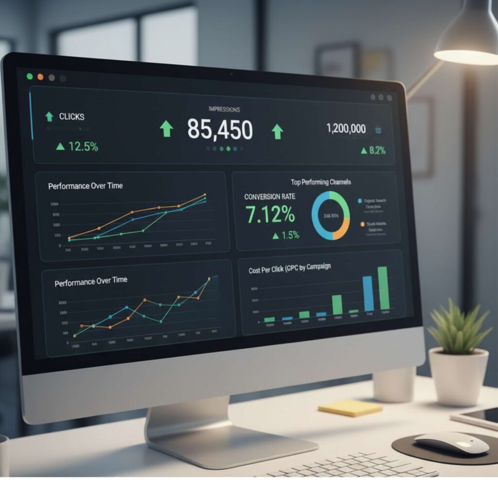 A computer monitor displaying a sleek dashboard with key performance indicators like "CLICKS," "IMPRESSIONS," and "CONVERSION RATE," along with graphs showing performance over time and cost per click.