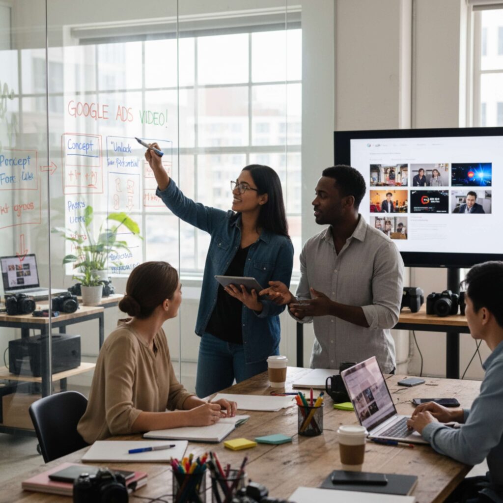 Creative team designing a compelling video ad for Google Video Ads.