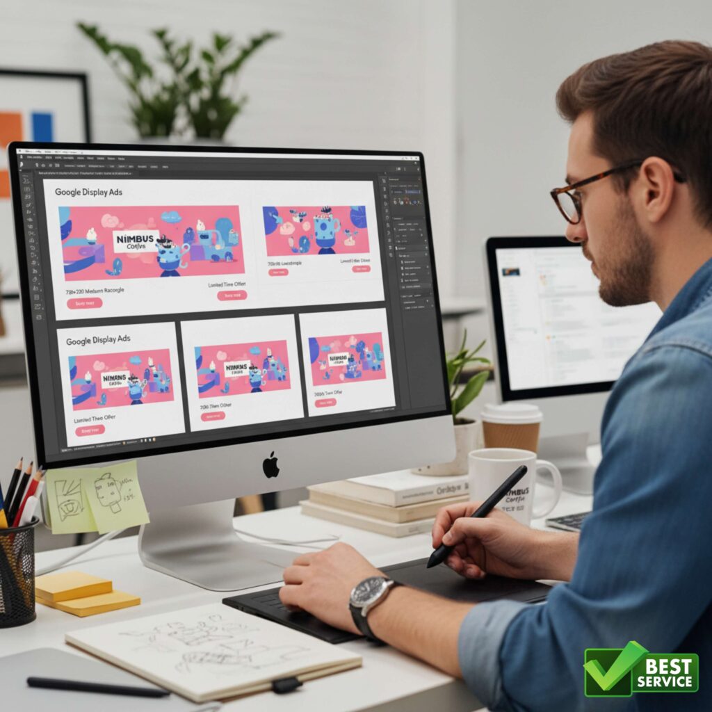 A male graphic designer, wearing glasses, is intently using a pen tablet with design software on an Apple iMac to create visually appealing Google Display Ads.