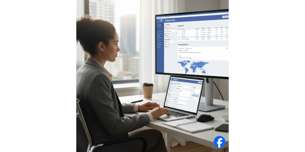 Setting up a Facebook Ads campaign with targeted audience research.