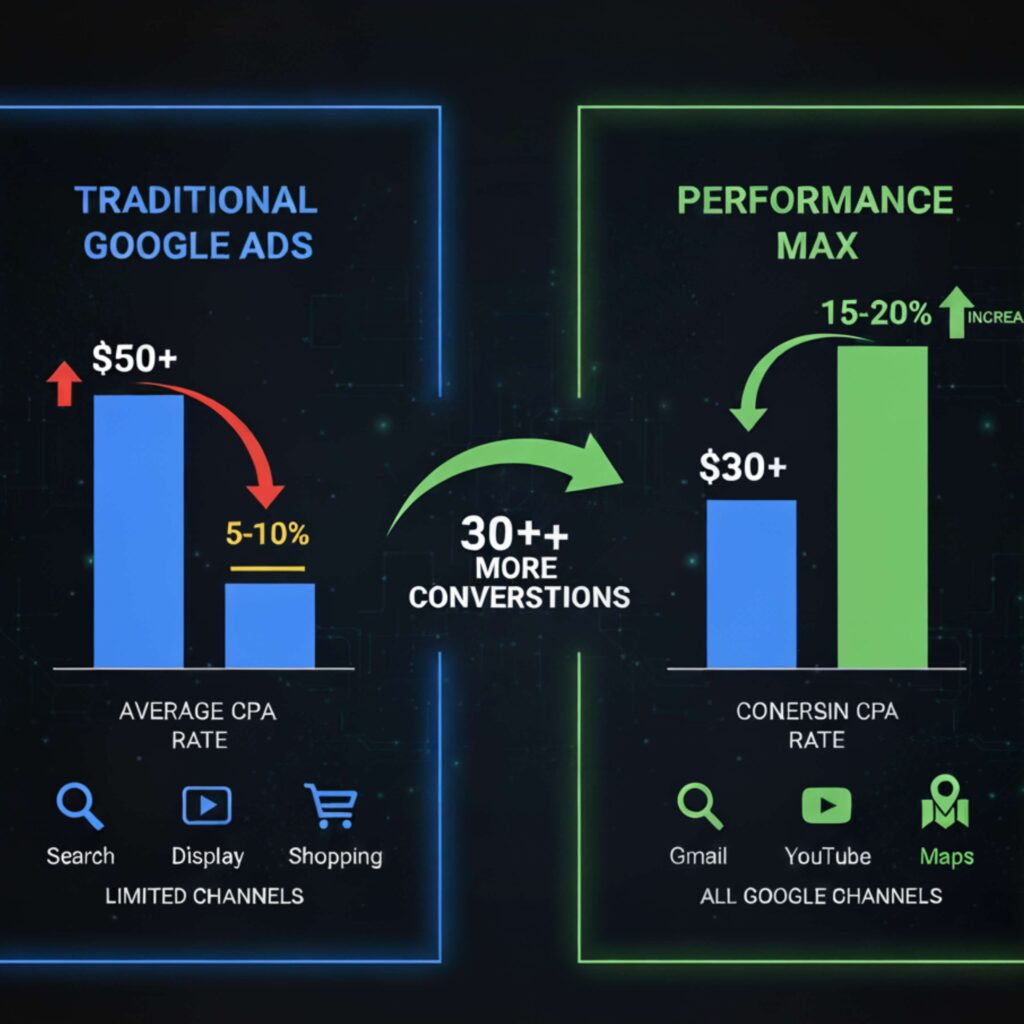 Comparison of Google Ads vs Performance Max campaigns performance metrics.