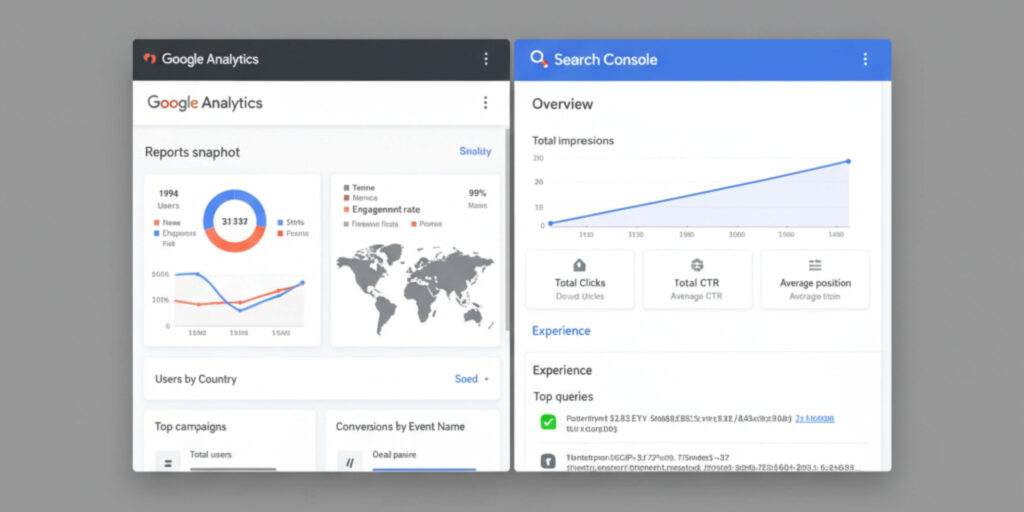 A high-resolution screenshot showing a split view of Google Analytics and Google Search Console dashboards. Google Analytics displays user data, engagement rates, and geographical distribution. Google Search Console shows total impressions, total clicks, average CTR, average position, and top queries.