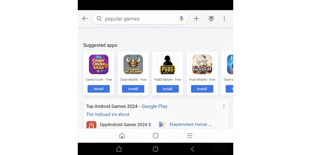 Google App Promotion Ads showing app icons, free price, and direct install buttons in mobile search results.