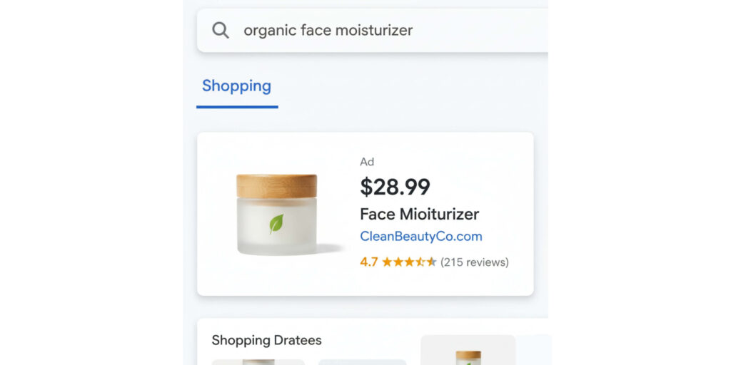 Google Shopping ad for organic face moisturizer, showing the product image, $28.99 price, store link, and 4.7-star rating from 215 reviews.