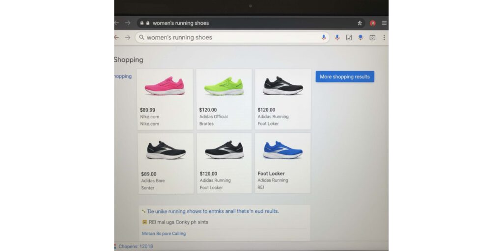 4K screenshot of Google Shopping Ads for women's running shoes, showing product images, prices, and store names within the search results page.