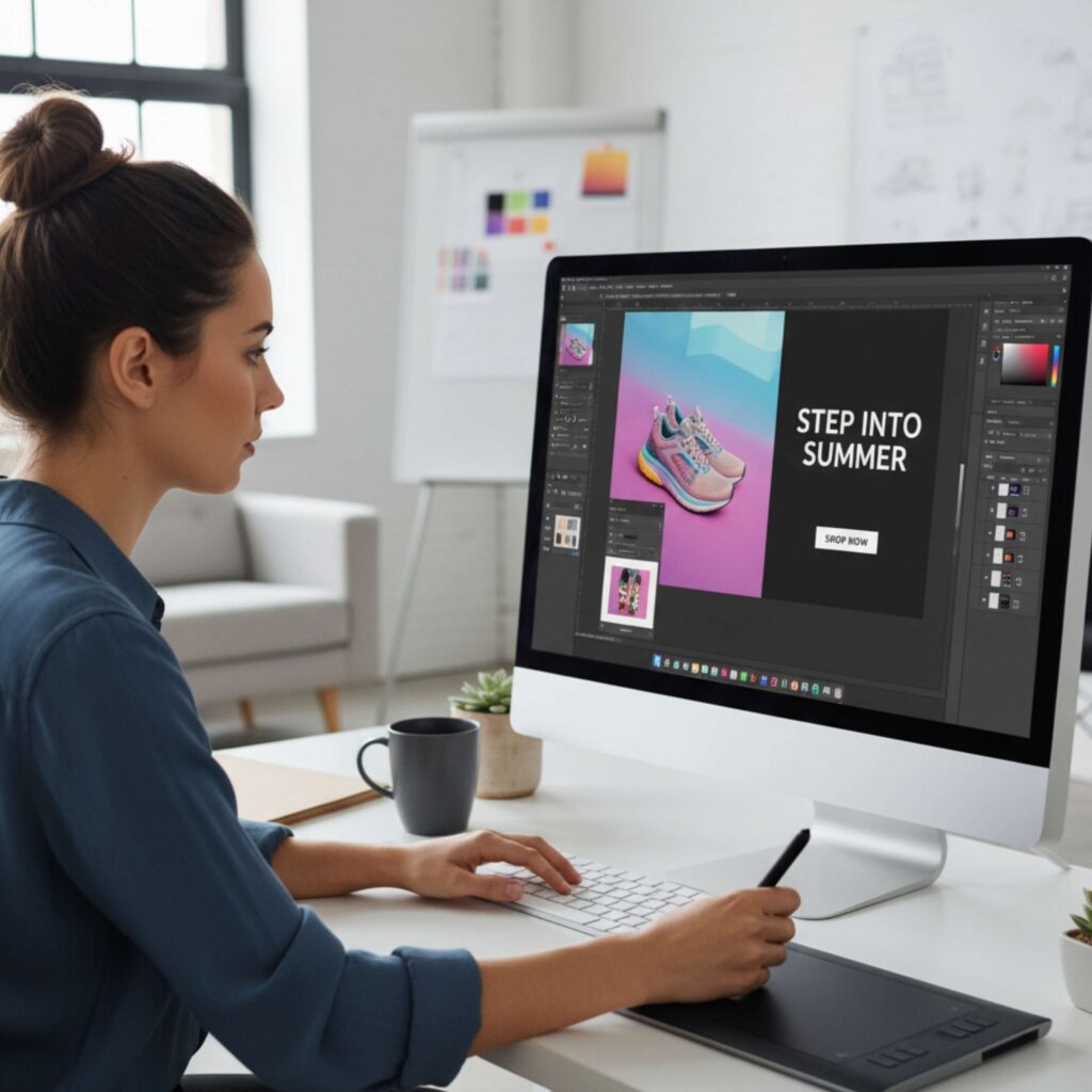 A graphic designer creating eye-catching Instagram Ad visuals using professional design software on a desktop computer, with a graphics tablet for precision.