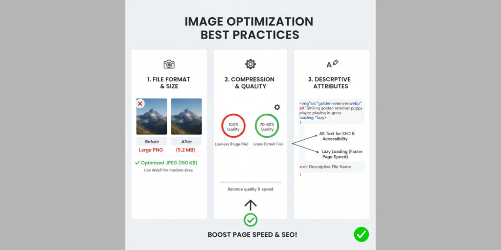 An infographic illustrating Image Optimization Best Practices. It shows examples for File Format & Size (reducing a large PNG to an optimized JPEG), Compression & Quality (balancing lossless vs. lossy), and Descriptive Attributes (showing HTML code with alt text and lazy loading).