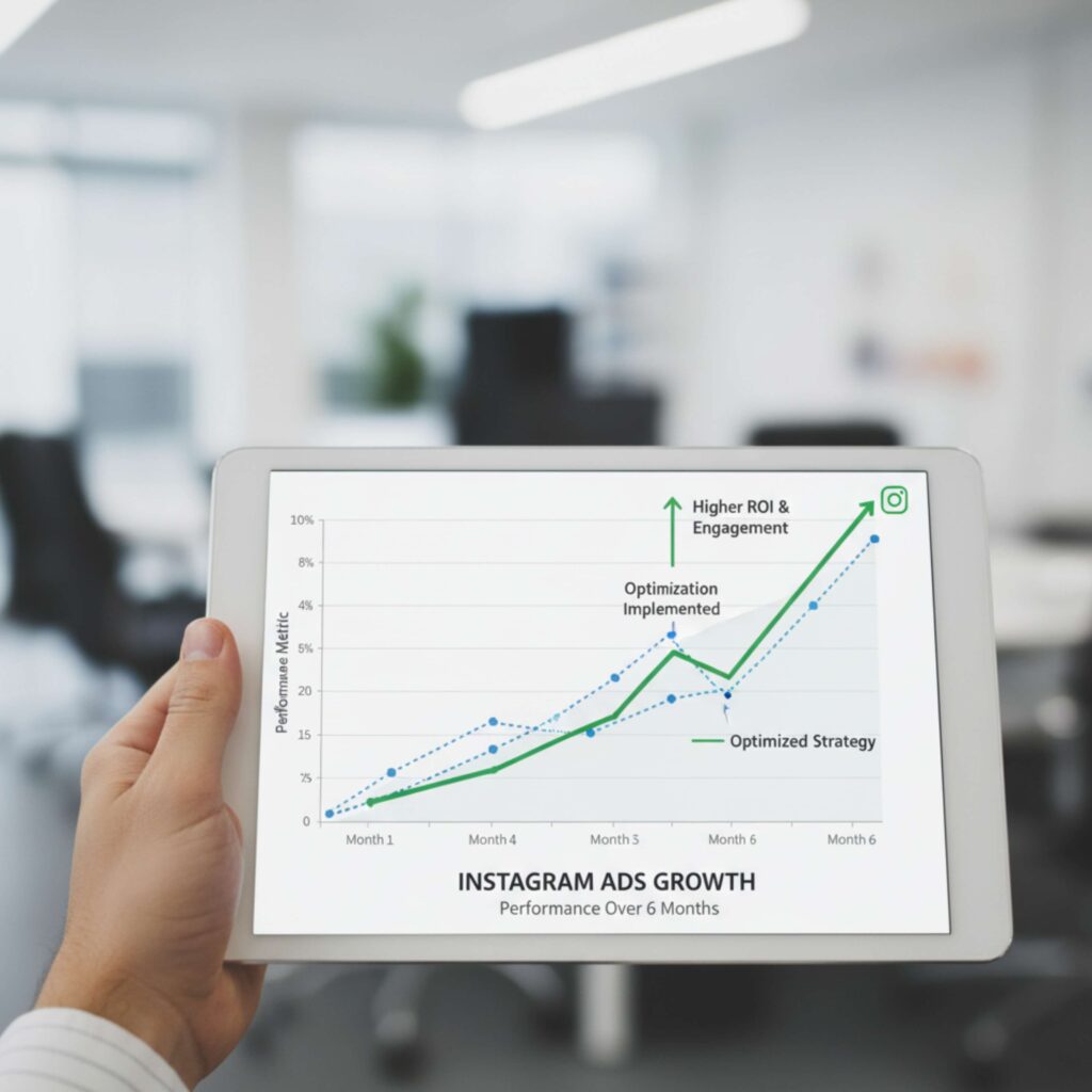 A hand holding a tablet displaying a graph titled "Instagram Ads Growth: Performance Over 6 Months," showing a clear upward trend in a performance metric, with annotations for "Optimization Implemented" and "Higher ROI & Engagement."