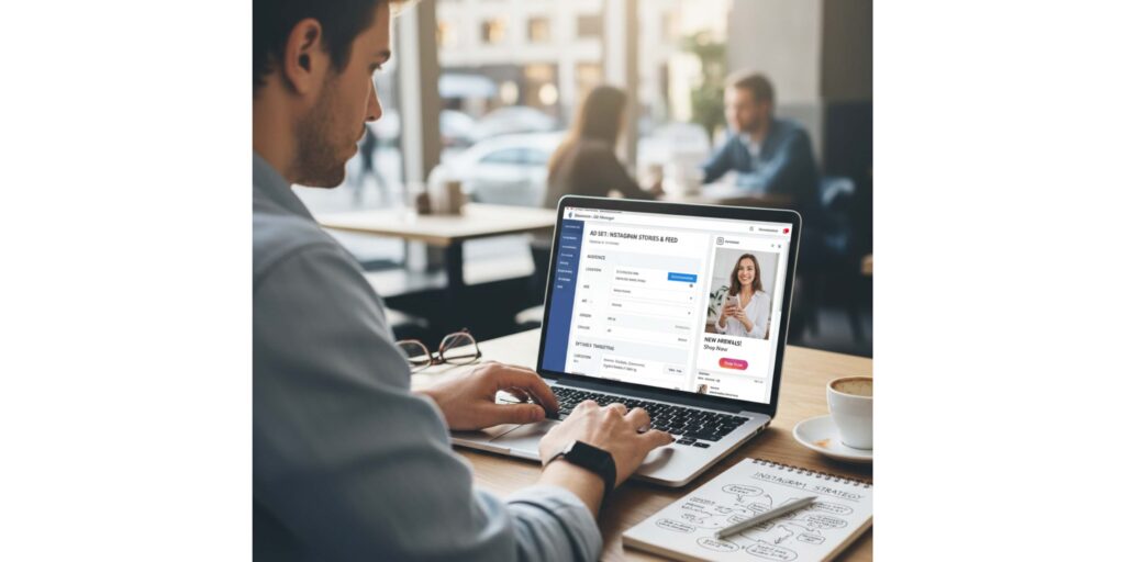 A marketer setting up an Instagram Ads campaign with Facebook Ads Manager open on a laptop, with a notebook detailing "Instagram Strategy" beside it.