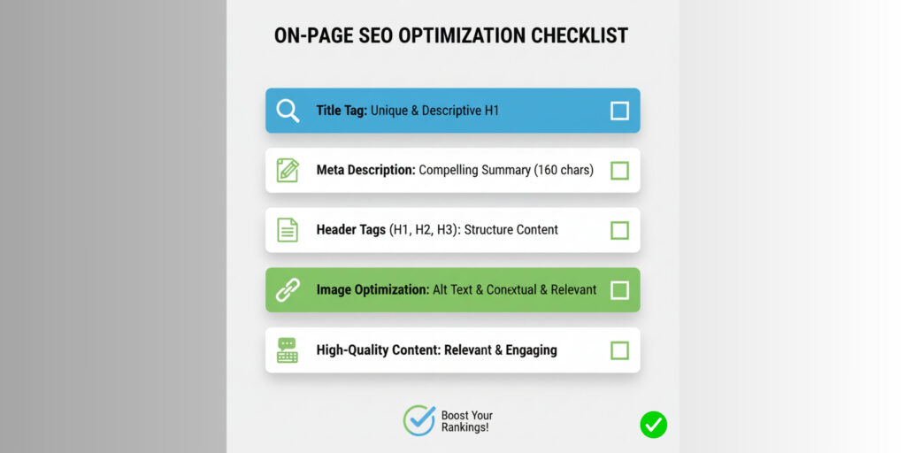 A visual checklist for on-page SEO optimization, listing items like "Title Tag: Unique & Descriptive H1", "Meta Description: Compelling Summary (160 chars)", "Header Tags (H1, H2, H3): Structure Content", "Image Optimization: Alt Text & Contextual & Relevant", and "High-Quality Content: Relevant & Engaging," with checkboxes.